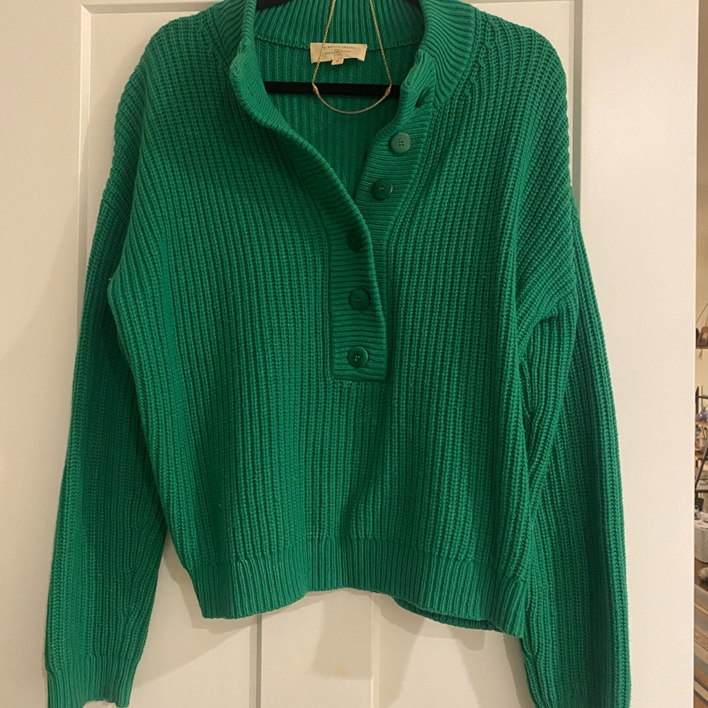 Sezane Green Cowl Neck Sweater with Ribbed Texture